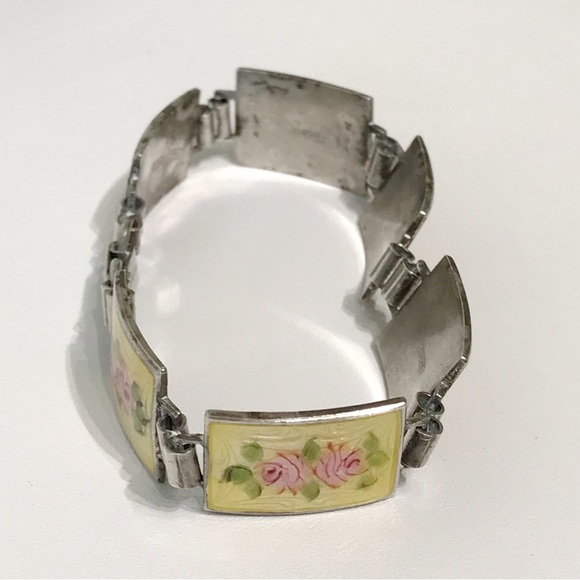 Sterling Silver Guilloche Vintage Rose Enamel Link Plate Bracelet 6.5" Cottage - Picture 6 of 16